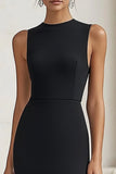 Black Scoop Neck Satin Long Formal Dress with Slit