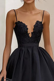 Black Ruffled Satin Long A Line Formal Dress with Appliques