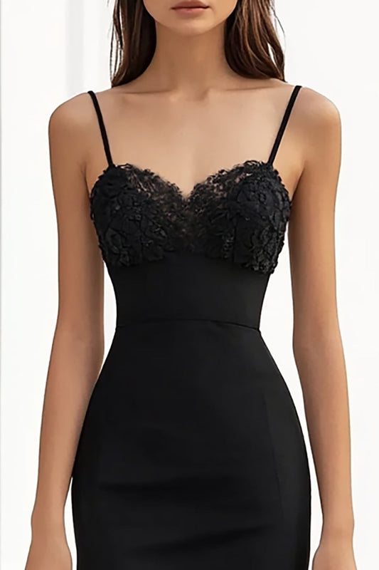 Black Satin Sheath Long Spaghetti Straps Formal Dress with Appliques