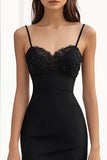 Black Satin Sheath Long Spaghetti Straps Formal Dress with Appliques