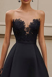 Black Satin A Line Long Ruffled Formal Dress with Appliques