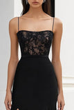 Black Spaghetti Straps Long Sheath Formal Dress with Appliques