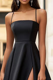 Black Satin Spaghetti Straps Long A Line Formal Dress with Slit