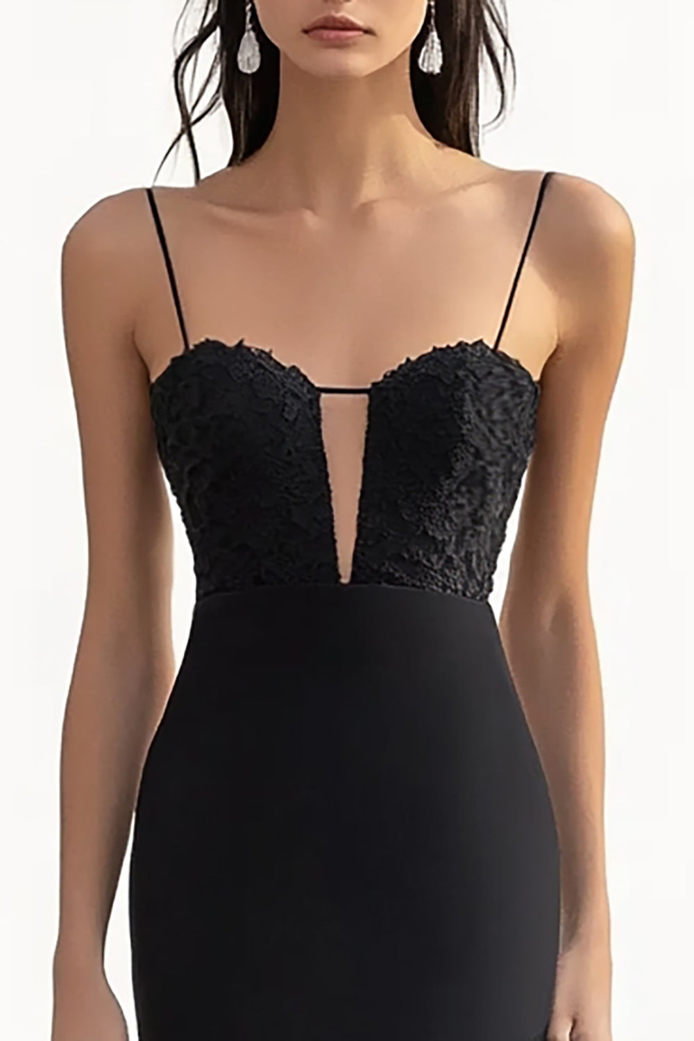 Sheath Black Spaghetti Straps Long Formal Dress with Appliques