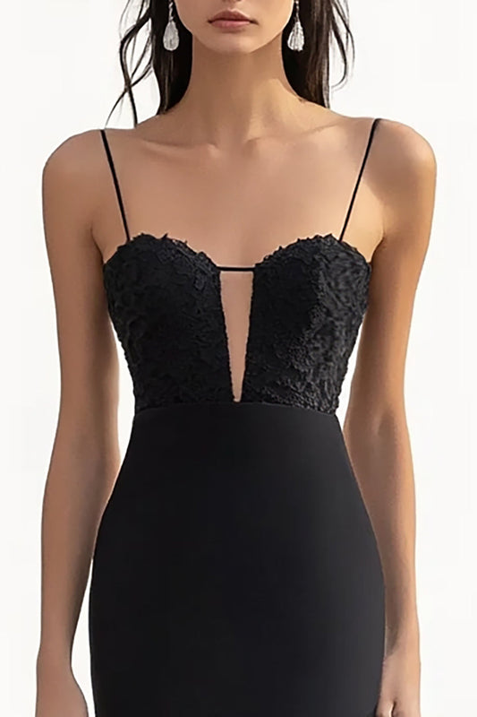 Sheath Black Spaghetti Straps Long Formal Dress with Appliques