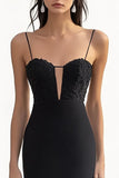 Sheath Black Spaghetti Straps Long Formal Dress with Appliques