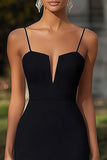 Sheath Black Satin Spaghetti Straps Long Formal Dress