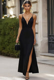 Black Deep V-Neck Satin Sheath Long Formal Dress with Slit