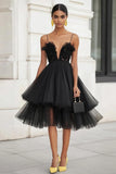 Black Tiered Tulle Ruffled Midi A Line Graduation Dress