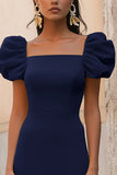 Navy A Line Square Neck Long Satin Formal Dress