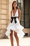 White and Black Deep V-Neck High-Low Graduation Dress with Ruffles