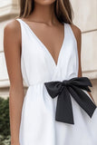 White and Black A Line V-Neck Short Bows Graduation Dress with Ruffles