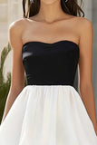 Black and White Chiffon Strapless Tiered Long Formal Dress with Ruffles