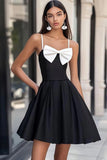 White and Black Satin Short A Line Graduation Dress with Bow