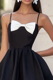 White and Black A Line Short Satin Graduation Dress with Bow