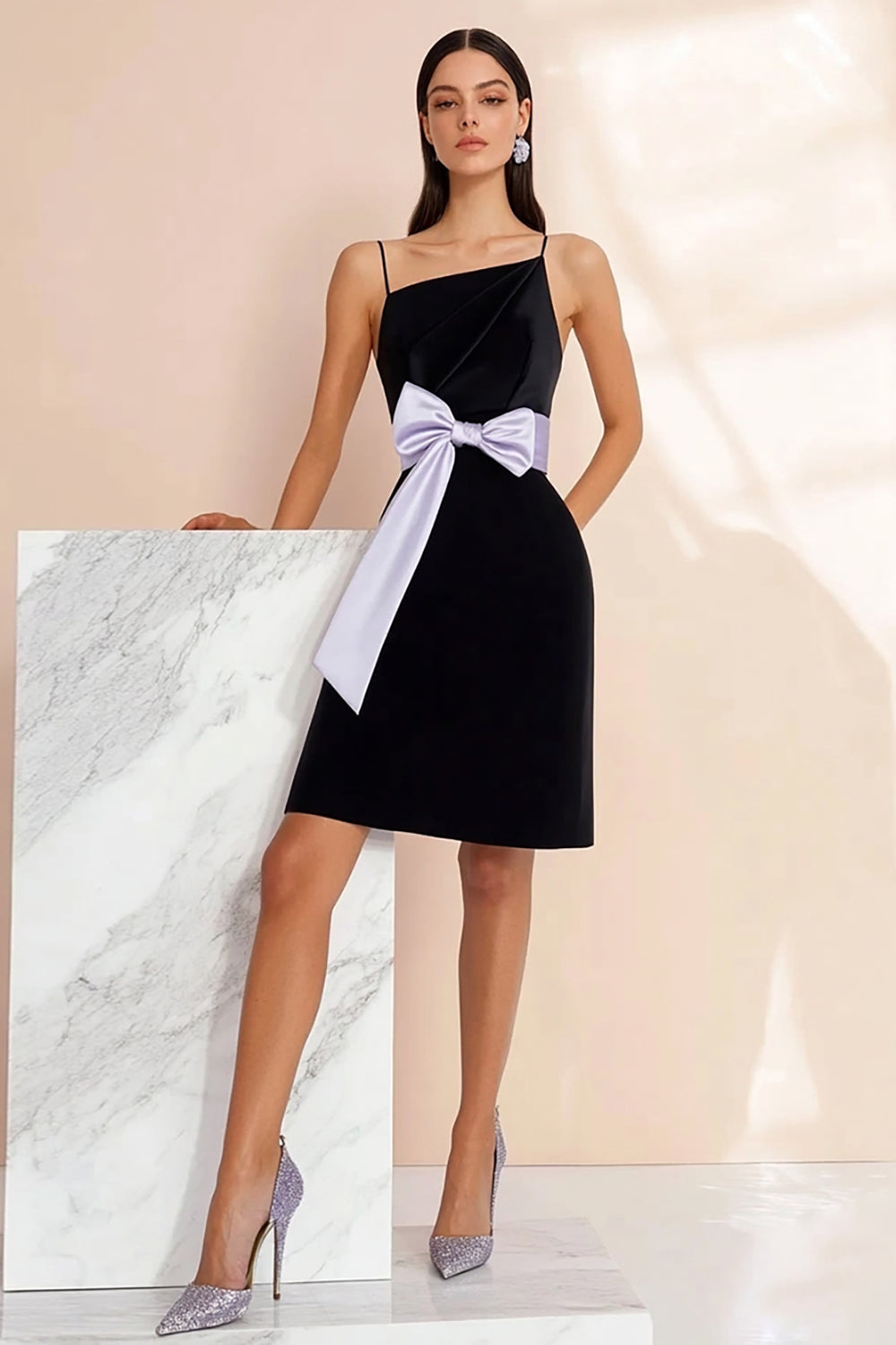 Black Spaghetti Straps Short A Line Graduation Dress with Bow