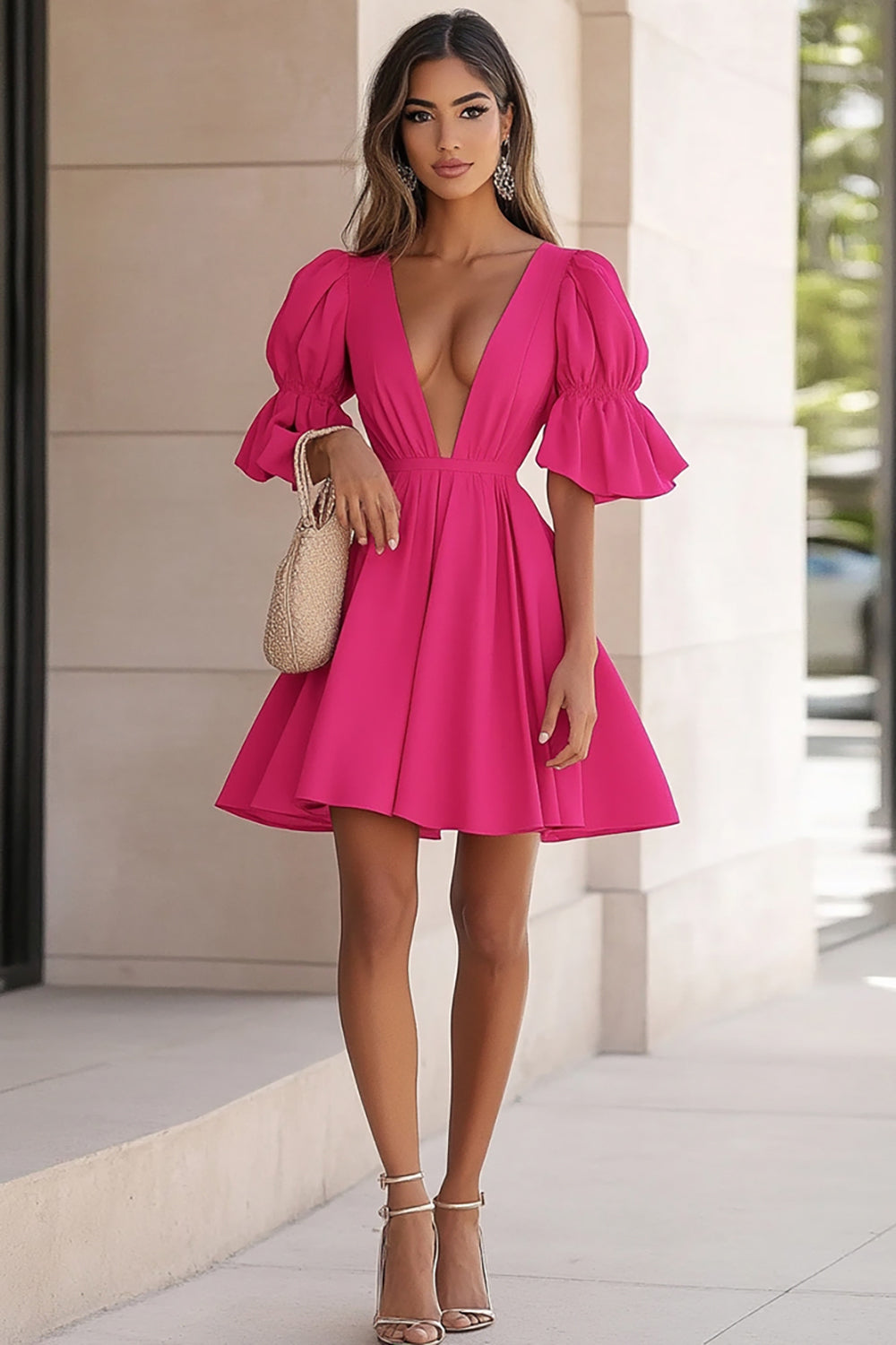 Fuchsia A Line Satin Deep V-Neck Short Cocktail Dress with Ruffles