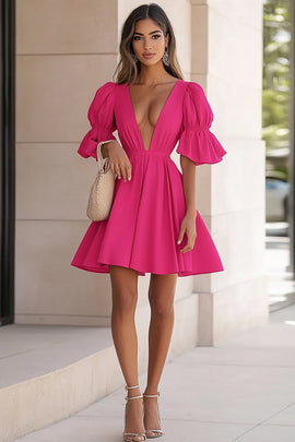 Fuchsia A Line Satin Deep V-Neck Short Cocktail Dress with Ruffles