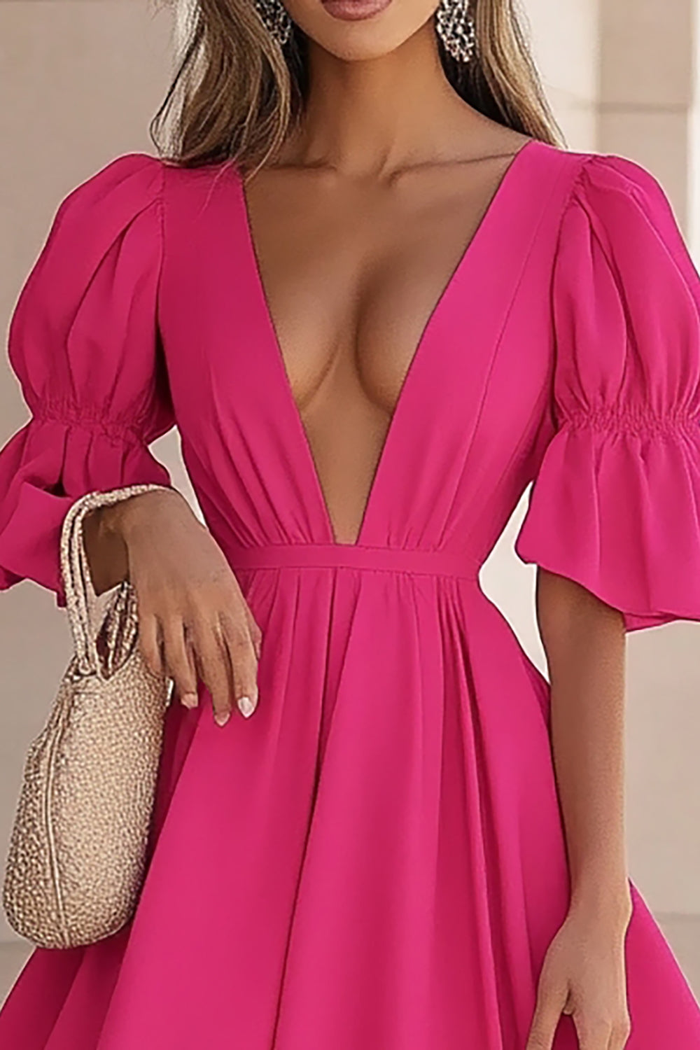 Fuchsia A Line Satin Deep V-Neck Short Cocktail Dress with Ruffles