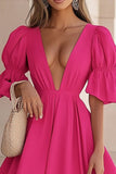 Fuchsia A Line Satin Deep V-Neck Short Cocktail Dress with Ruffles