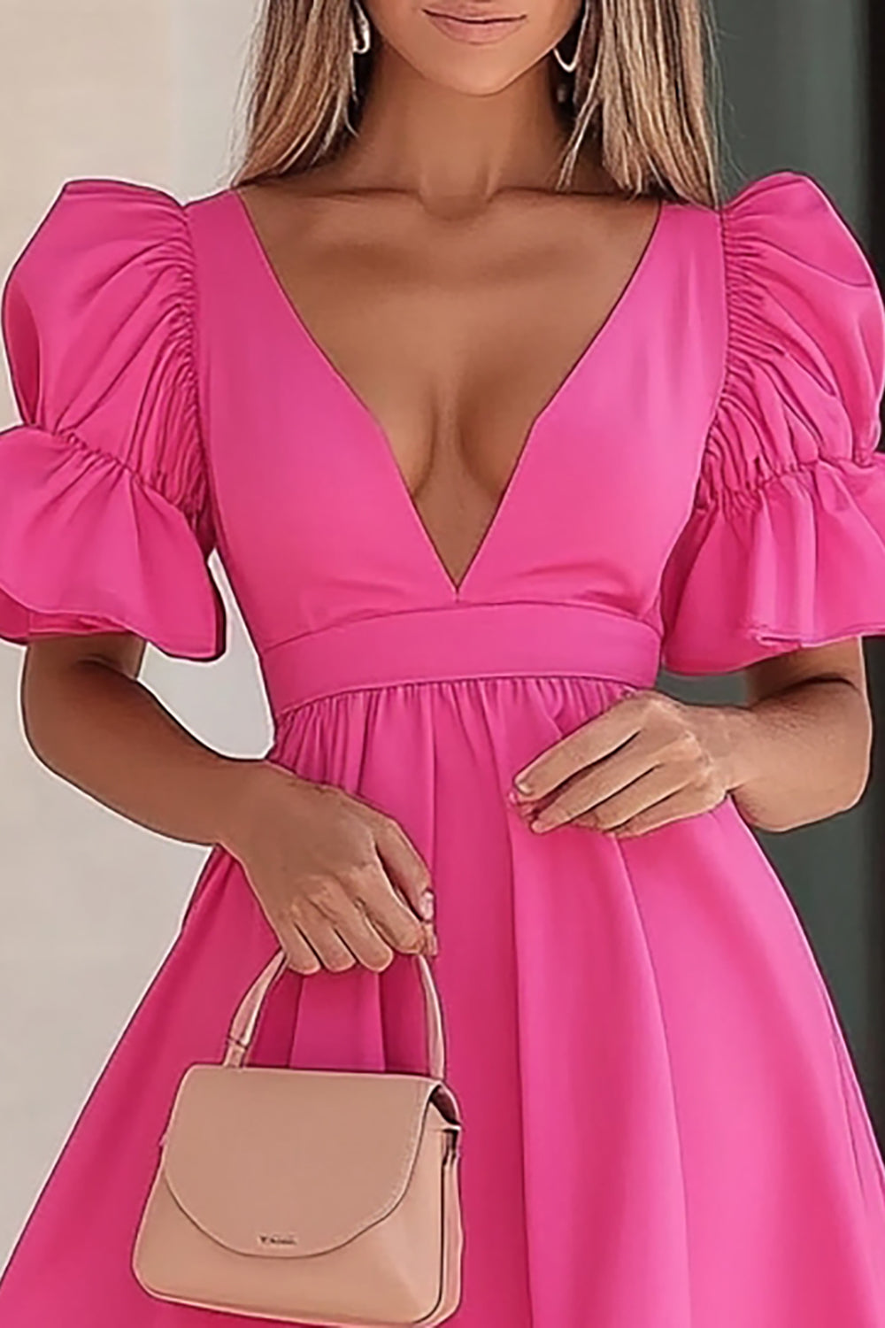 Fuchsia V-Neck Satin Short Cocktail Dress with Sleeves