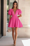 Fuchsia Deep V-Neck A Line Short Cocktail Dress with Puff Sleeves