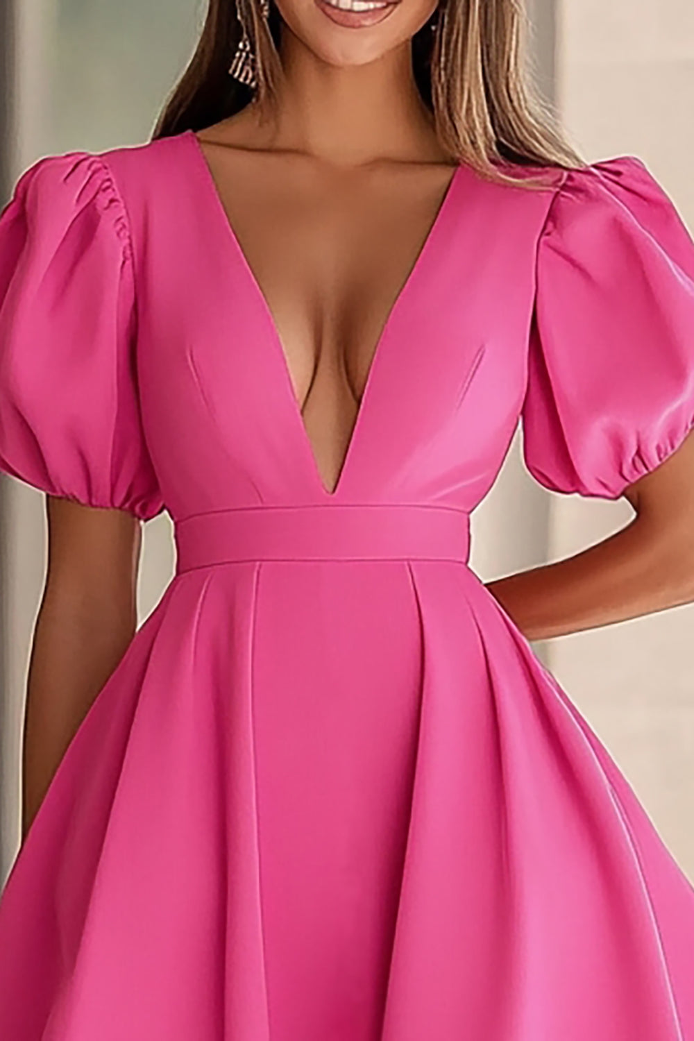 Fuchsia Deep V-Neck A Line Short Cocktail Dress with Puff Sleeves