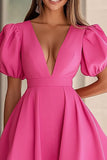 Fuchsia Deep V-Neck A Line Short Cocktail Dress with Puff Sleeves