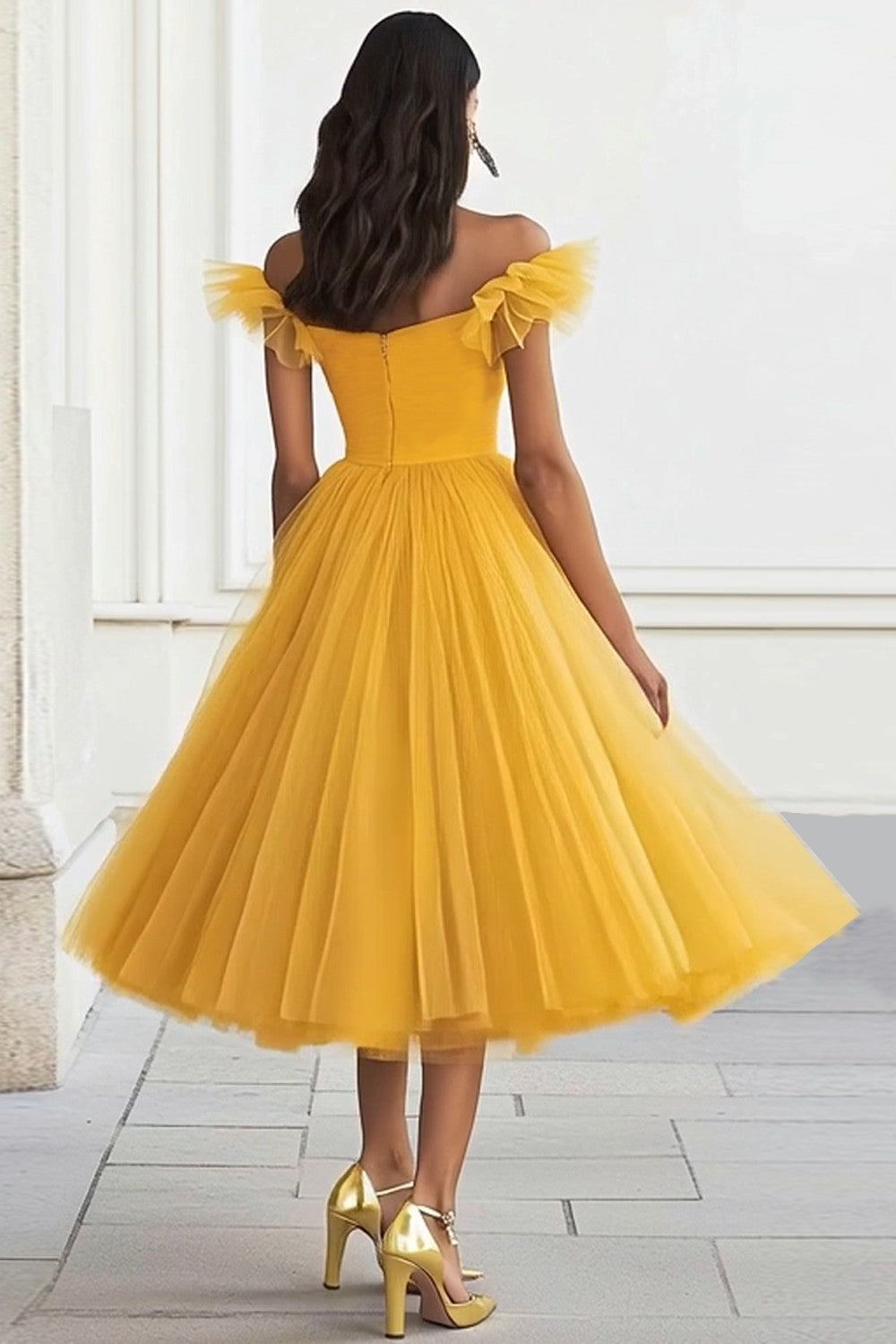 Yellow Tulle A Line Off the Shoulder Midi Formal Dress