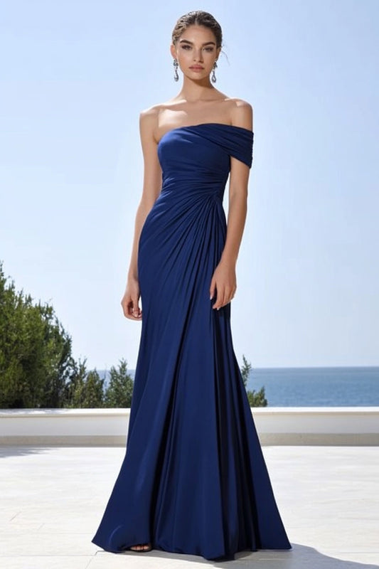Navy Satin Off the Shoulder Mermaid Long Formal Dress