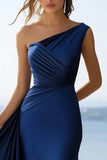 Navy Satin Mermaid Long One Shoulder Formal Dress