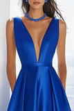Royal Blue Satin Deep V-Neck A Line Long Formal Dress