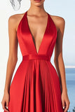 Red A Line Satin Long Halter Formal Dress