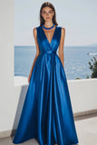 Royal Blue V-Neck A Line Long Satin Formal Dress