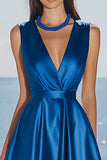 Royal Blue V-Neck A Line Long Satin Formal Dress