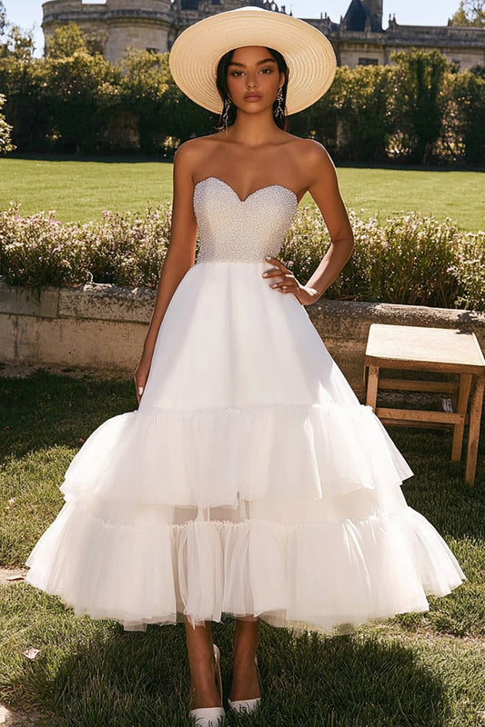 Sparkly White Tulle Long Engagement Dress with Beading