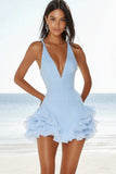 Sky Blue Ruffled Short V-Neck A Line Graduation Dress