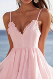 Pink Chiffon Corset Short V-Neck Graduation Dress with Ruffles