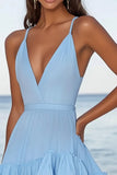Sky Blue Chiffon Spaghetti Straps Ruffled Short Graduation Dress