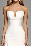 Ivory Strapless Bodycon Short Satin Work Dress with Ruffles
