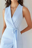 Sky Blue Satin Bodycon V-Neck Sleeveless Short Work Blazer Dress
