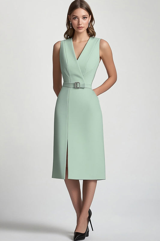 Mint Green V-Neck Bodycon Midi Work Blazer Dress with Belts