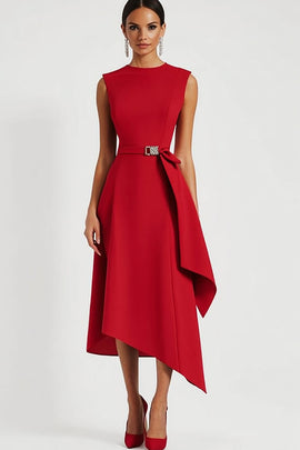 Red A Line Tie Front Asymmetrical Midi Work Dress with Ruffles