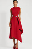 Red A Line Tie Front Asymmetrical Midi Work Dress with Ruffles