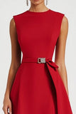 Red A Line Tie Front Asymmetrical Midi Work Dress with Ruffles