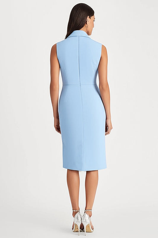 Sky Blue Shawl Lapel Satin Bodycon Midi Work Blazer Dress with Slit