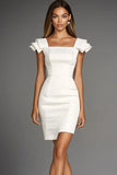 Ivory Satin Bodycon Square Neck Short Work Dress