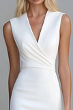 Bodycon Ivory Satin V-Neck Short Work Dress