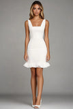 Ivory Bodycon Sqaure Neck Short Work Dress with Ruffles