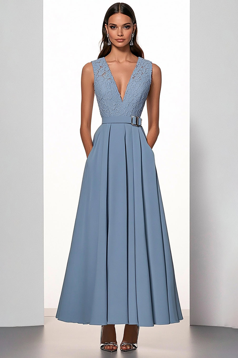 Grey Blue A Line Deep V-Neck Long Belted Work Dress with Pockets